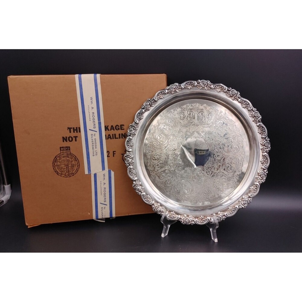 Wm A Rogers Oneida Du Maurier Serving Tray Platter Silver Plate Rose w/ Box MCM